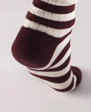 Retro striped cotton socks showing ankle and toe, burgundy and white bands