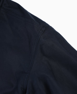 Navy deck hook jacket shoulder seam and curved sleeve panel
