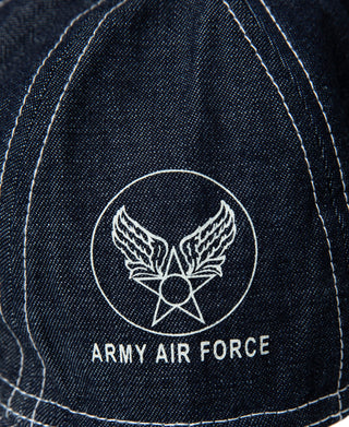Indigo A-3 style cap with round emblem and “ARMY AIR FORCE” text patch