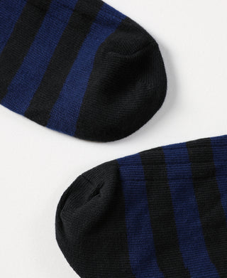 Close-up of black sock toe with blue and dark vertical stripes