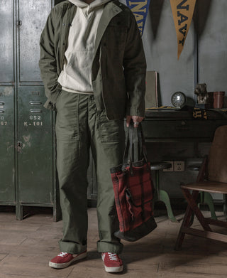 Olive utility fatigue pants, side view with belt loops and cargo pockets