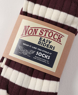 Stripped cotton socks with burgundy-and-white stripes and attached product tag
