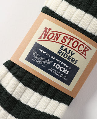 Two striped socks with kraft paper product label attached
