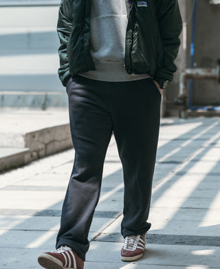 Black heavyweight terry sweatpants, straight legs with stitched cuffed hems
