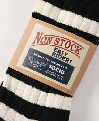 Black and white striped crew cotton socks with “Non Stock Easy Riders” box label