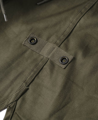 Olive M-1951 parka pocket closure with two metal grommet-style snaps