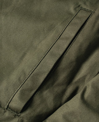 Olive sleeve seam detail with stitched strip and reinforced edge
