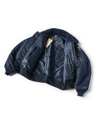 Navy B-15C flight jacket interior side view with fur collar and front zip