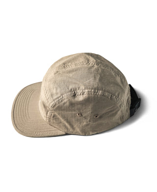 Khaki 5-panel baseball cap with curved brim, side profile on white background