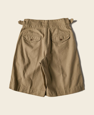Khaki bermuda shorts with flap back pockets, button waist, belt loops