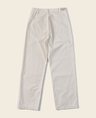 White herringbone deck pants, studio view with belt loops and front pockets